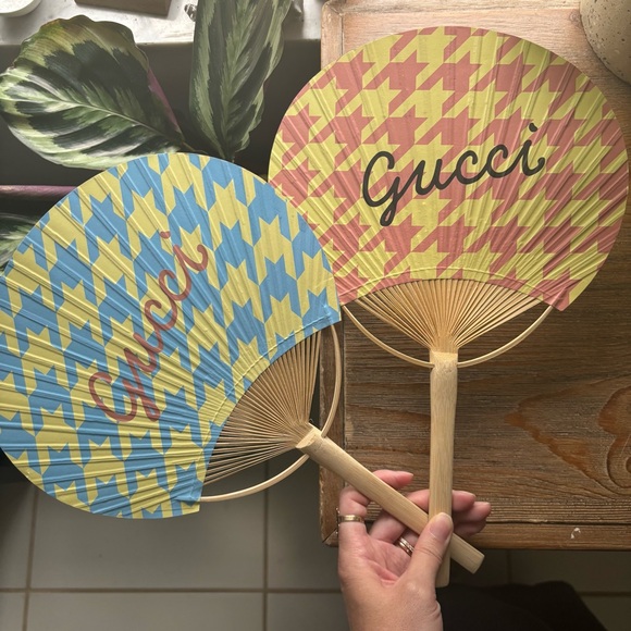 Gucci Houndstooth Patterned Bamboo Paper Fans Blue Yellow Peach Pink Summer Hues